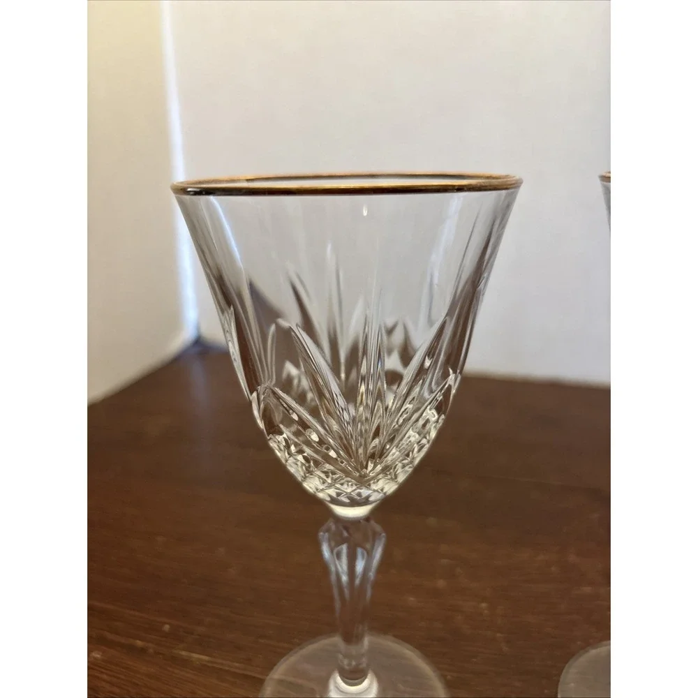 French Crystal Wine Glasses Cristal De Flandre Vintage Set 2 Gold Rim EUC‎
